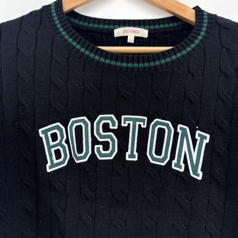 Stella Tweed Cable Knit Boston Pullover Sweater Large Black Green Collegiate MA - Picture 2 of 9